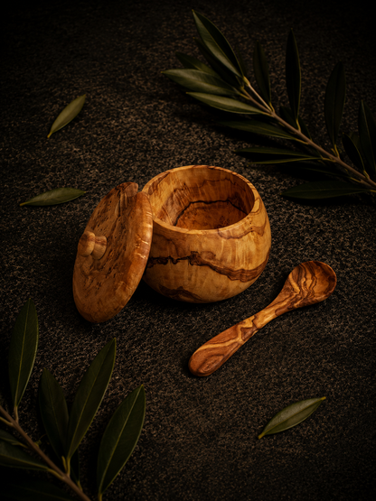 Handcrafted Olive Wood Honey Pot and Salt Cellar with Lid and Spoon Set
