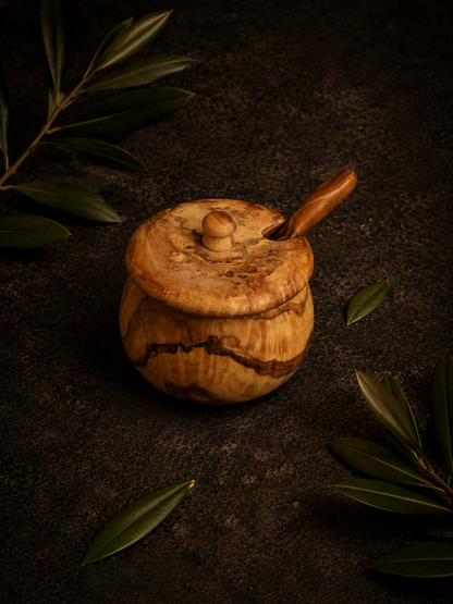 Handcrafted Olive Wood Honey Pot and Salt Cellar with Lid and Spoon Set