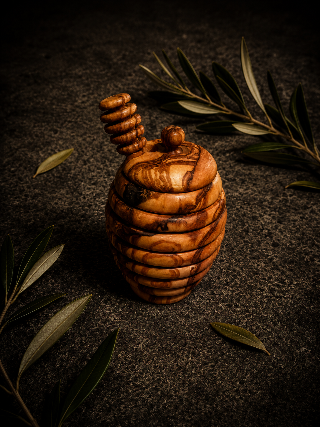 Handcrafted Olive Wood Honey Jar with Dipper