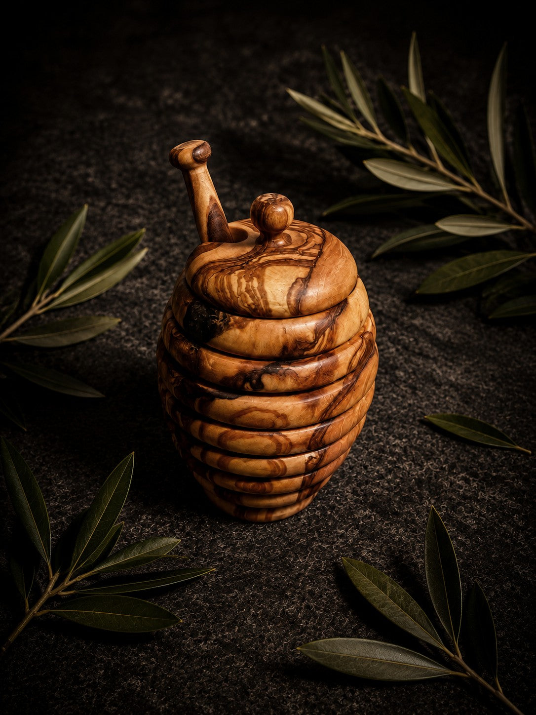 Handcrafted Olive Wood Honey Jar with Dipper
