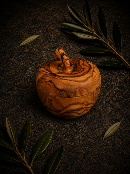 Handcrafted Olive Wood Apple Salt Cellar – Decorative Spice Jar with Stem Handle Lid