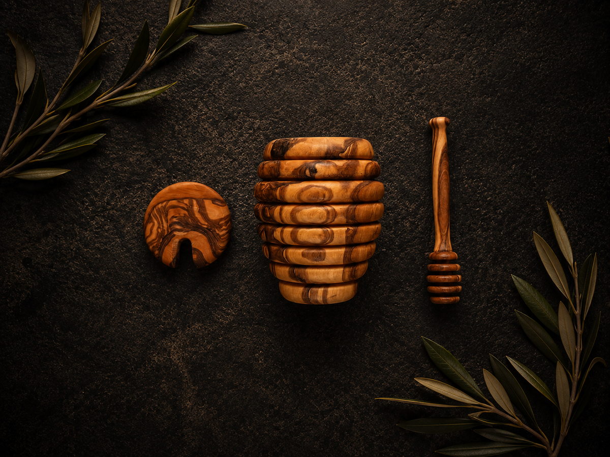 Handcrafted Olive Wood Honey Jar with Dipper