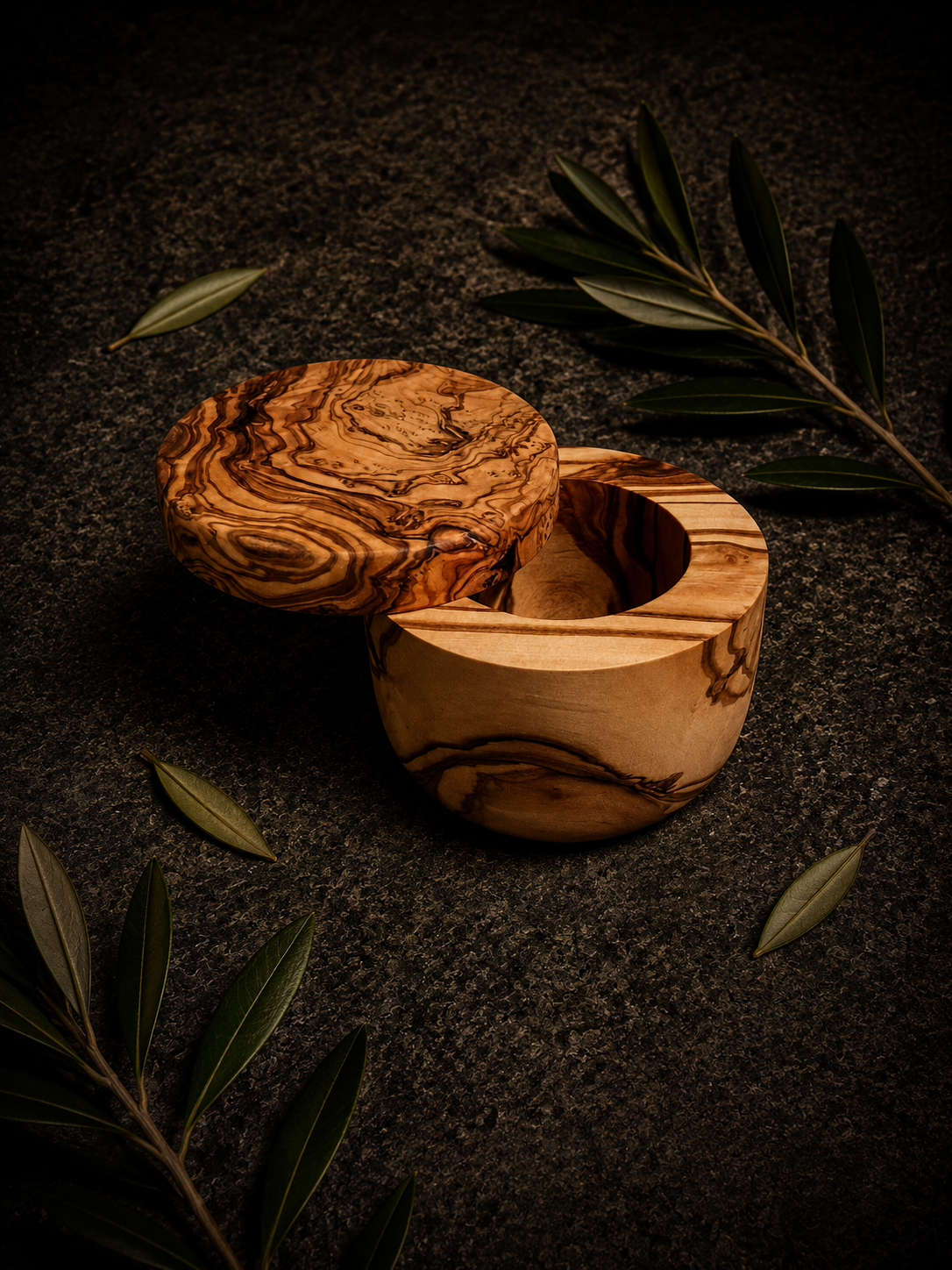 Handcrafted Olive Wood Salt Cellar with Swivel Cover